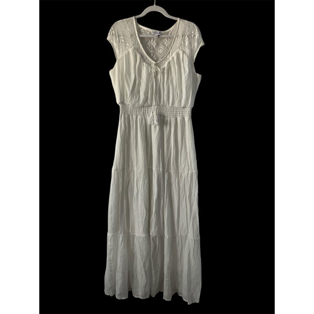 Luxology Gauze Smocked‎ Waist Maxi Dress Size 1X White Tierred Cottagecore Lace